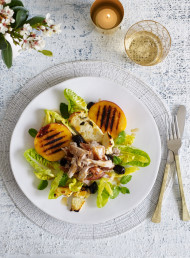 Grilled Peach and Salted Ricotta Salad with Shredded Roast Chicken