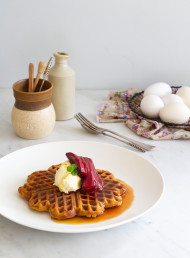 Pumpkin Spiced Waffles with Roasted Fruit and Vanilla Mascarpone