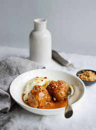 Walnut Caramel Dumplings with Caramel Sauce and Walnut Praline