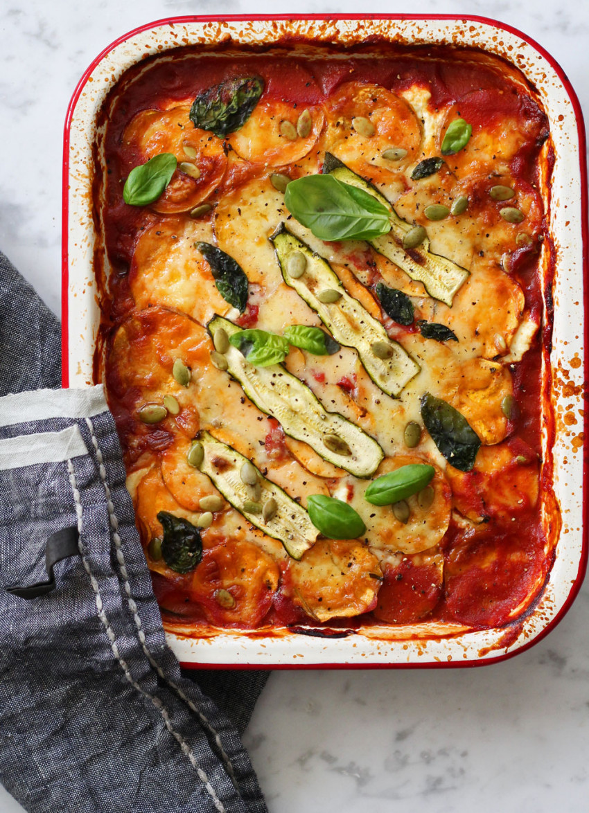 Sweet Potato, Mushroom and Zucchini Bake with Ricotta and Basil