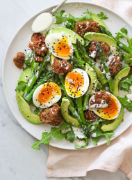 Asparagus, Avocado and Rye Crouton Salad with Tahini and Yoghurt Dressing