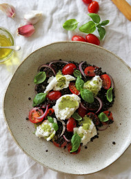 Buffalo Mozzarella and Beluga Lentils with Basil Dressing and Cherry Tomatoes
