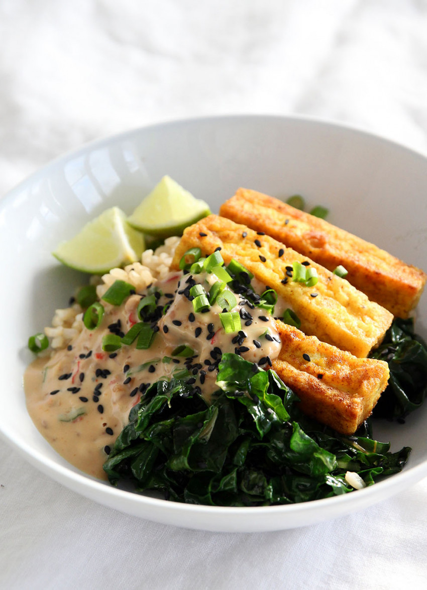 Crunchy Turmeric Tofu with Satay Sauce and Brown Rice