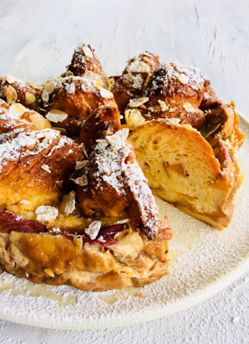Fresh Nectarine and Coconut Custard Croissant Cake