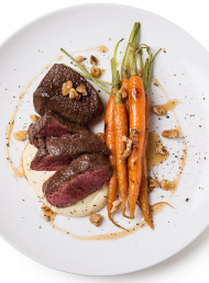 Venison Medallions with Parsnip Cream, Baby Carrots, Walnuts and Maple Syrup