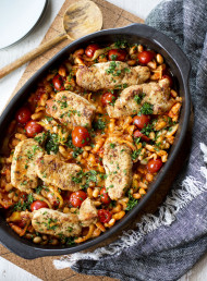 Pork Scotch Steaks with Braised Leeks and White Beans