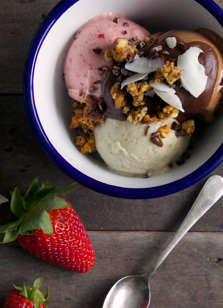 A Healthier Sundae with Raw Cacao Sauce & Cinnamon Nut Crumble