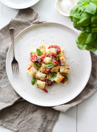 Ricotta and Black Olive Gnocchi with Blistered Cherry Tomatoes and Basil
