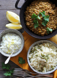 Coconut Turmeric Lentils with Cauli Rice and Lemon Cucumber Yoghurt