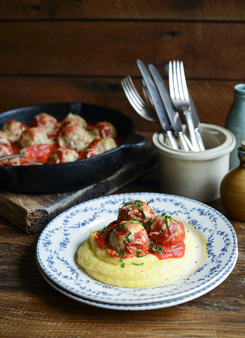 Pork and Fennel Polpette in Tomato Sauce on Creamy Polenta