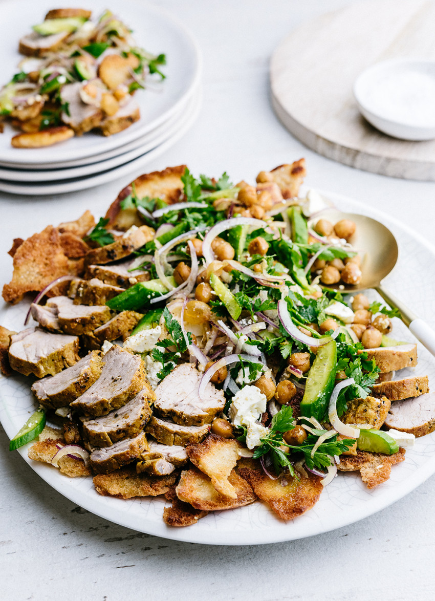 Moroccan Pork with Crispy Lebanese Bread and Herb Salad