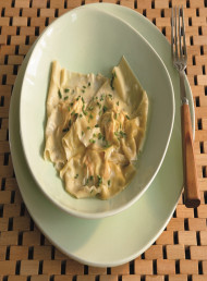 Salmon and Wasabi Ravioli in a Kaffir Lime Broth