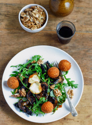 Warm Mushroom Salad with Parmesan Cheese Balls and Walnuts