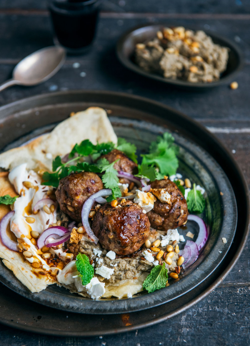 Loaded Lamb Meatballs with Eggplant Hummus