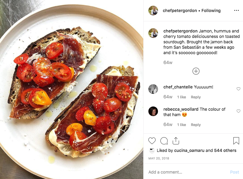 tomatoes hummus and jamon on sourdough