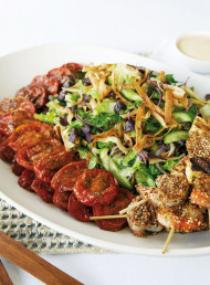 Dukka-Crusted Prawn and Haloumi Skewers with Roast Tomato, Crisp Mountain Bread Salad and Feta Dressing