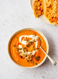 Carrot, Cumin and Coriander Soup with Red Lentils and Dukkah