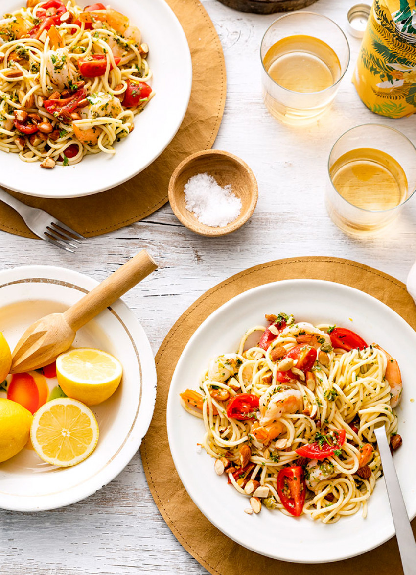 Spaghetti and Prawns with Roasted Almonds, Parsley and Capers