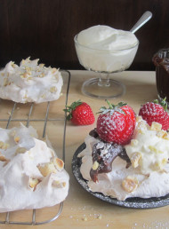 Spiced Hazelnut Meringues, Fudge Sauce and Strawberries