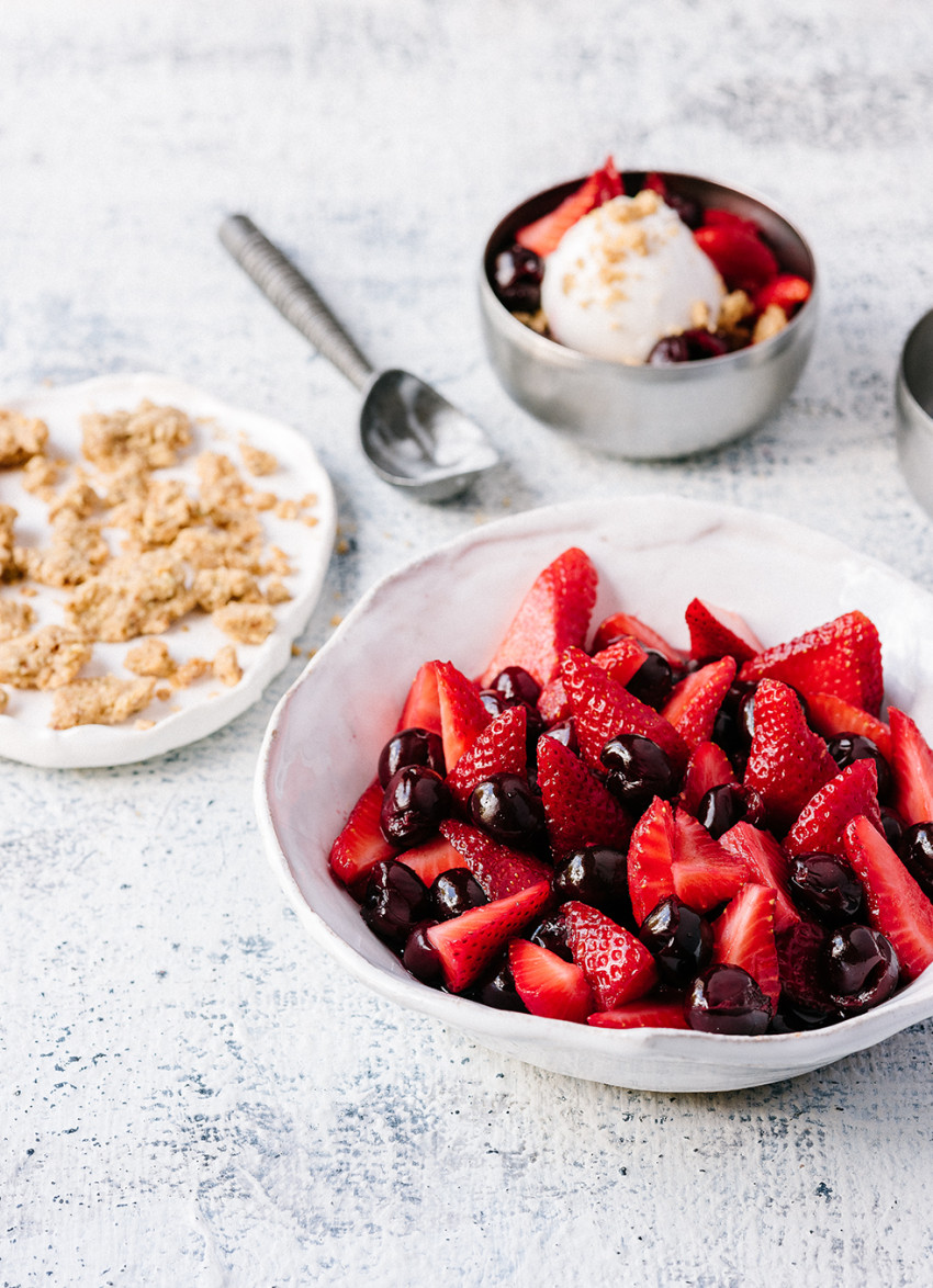 Honeyed Strawberries and Cherries with Hazelnut and Rosemary Crumble