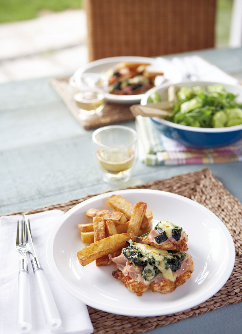 Sauted Chicken with Spinach and Ham and Oven Fries